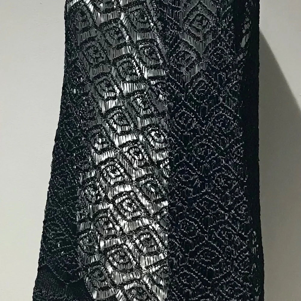 Colleen Lopez Black Sheer Lace Crochet Fringe Tunic Cover Up Top Size Large